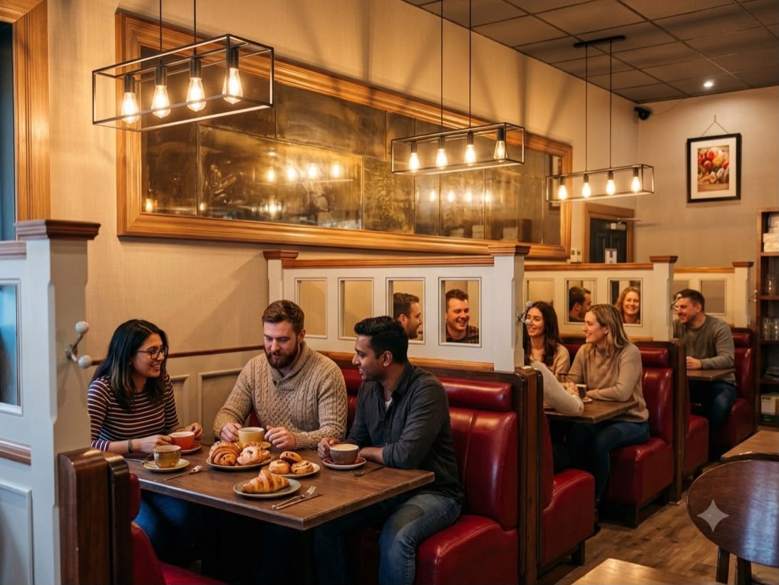 Guests in the red-leather booths